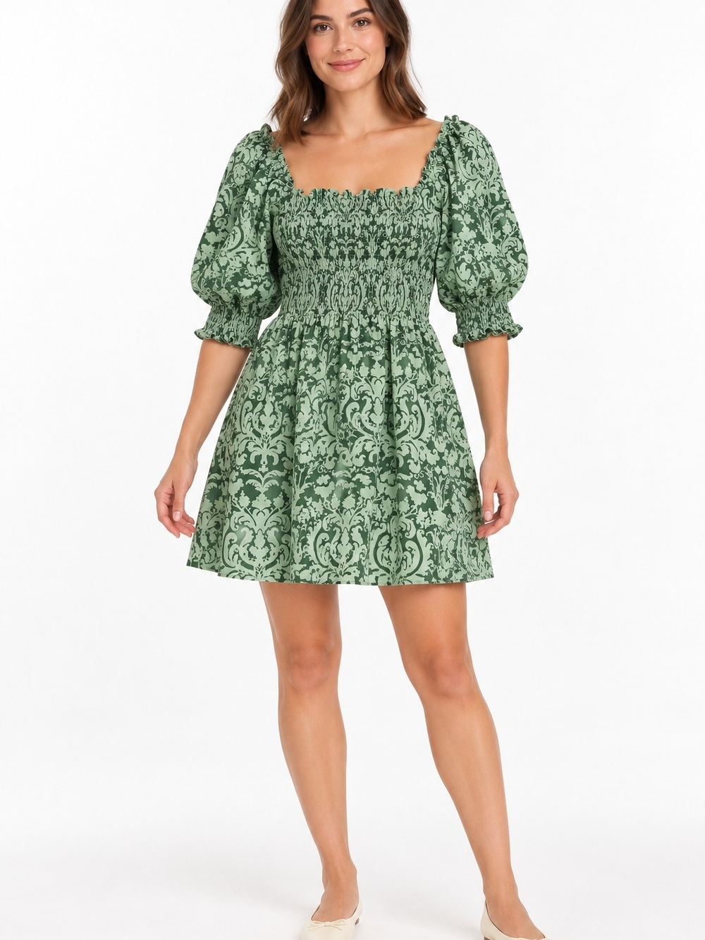 Hill House Home Athena Nap Dress XS Green Damask Smocked Mini Cottagecore